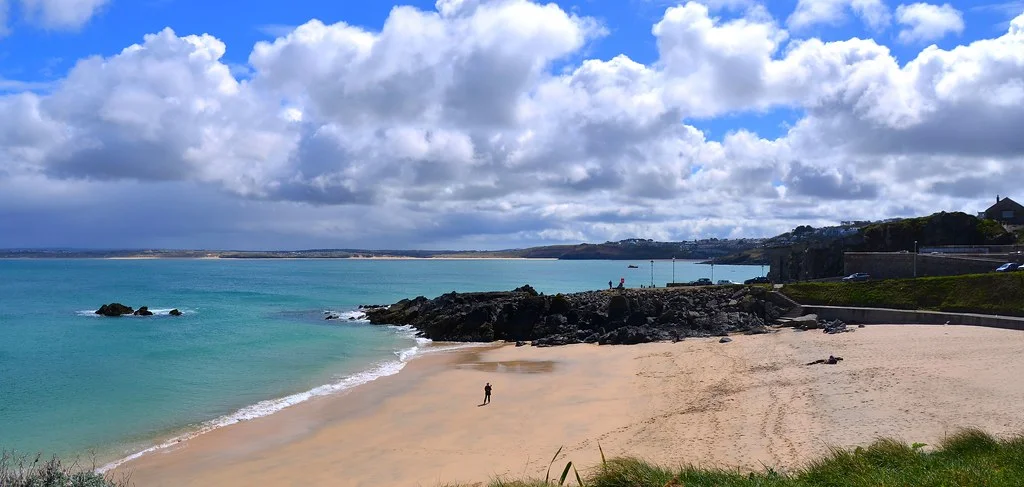 Bamaluz Beach in St Ives, where white clouds and blue sky creates a beautiful color combination. Beaches in St Ives.