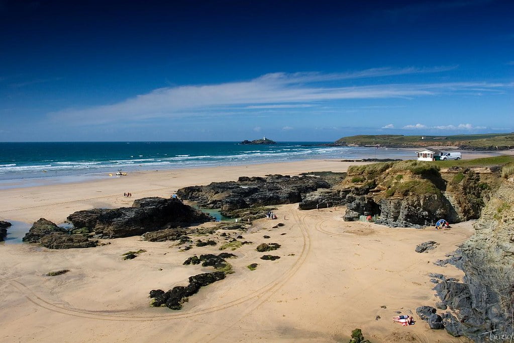 Gwithian Towans Beach with clear-crystal water of Atlantic Ocean, Beaches in Hayle Cornwall.