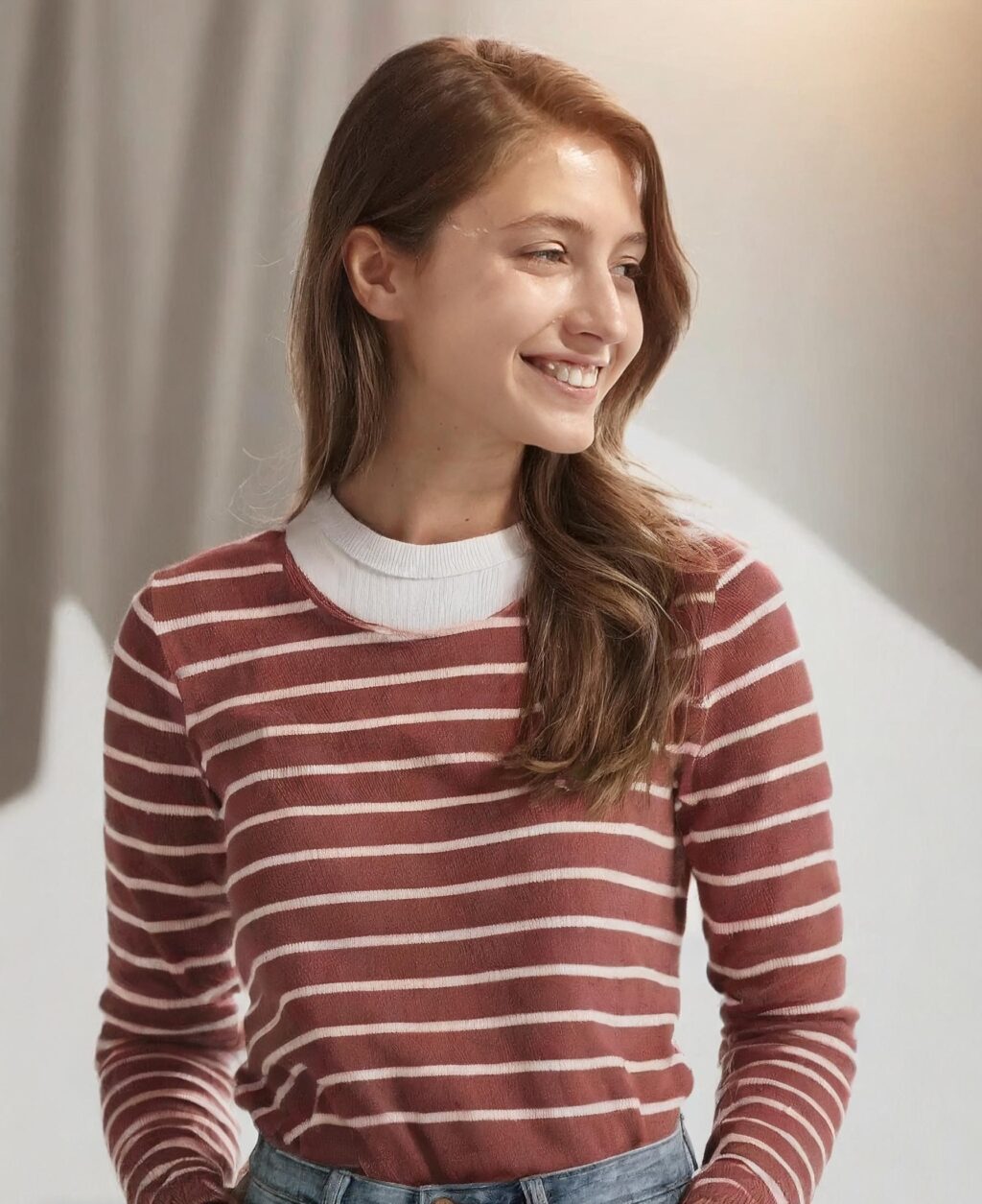 Fashionable Girl in striped Madewell Whisper Cotton Long-Sleeve Crewneck Tee and denim pants.