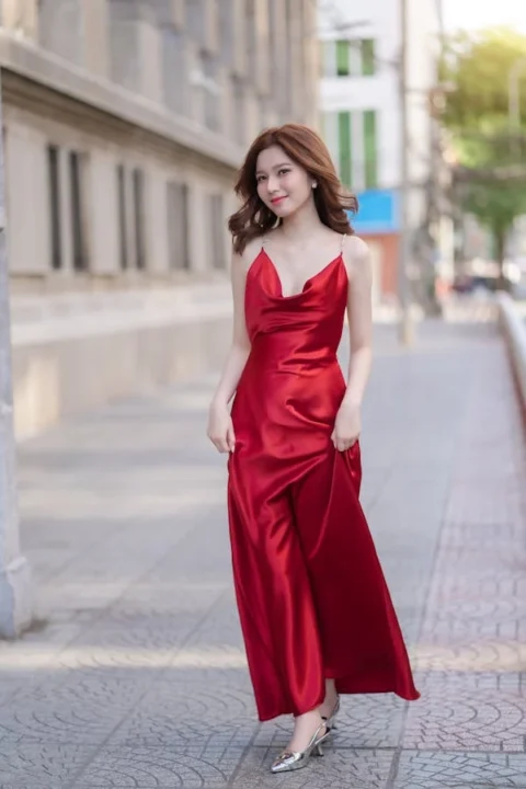 A woman in a vibrant red slip dress is walking down a city street. She has shoulder-length brown hair and is smiling gently while looking slightly to her left.