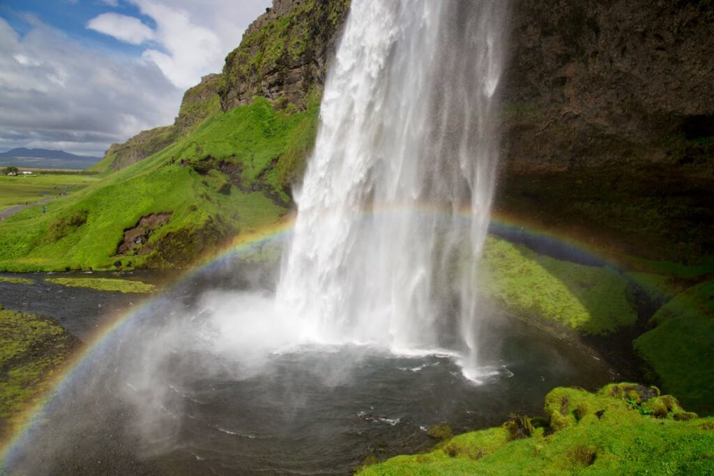 A stunning view of Seljalandsfoss waterfall on a sunny day, with a vibrant rainbow visible through the mist at the base.