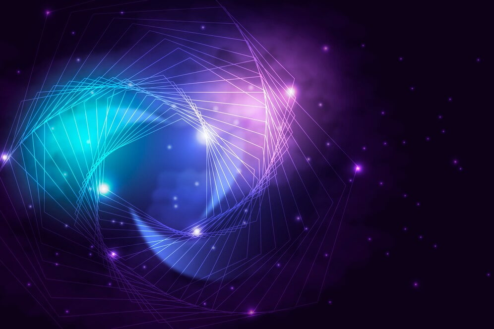 A digital abstract image with intersecting geometric lines creating a dynamic spiral shape against a dark background. The colors predominantly include shades of purple, blue, and white, mirroring the intriguing advantages of Quantum Tunneling Composite with glowing light points adding depth and a sense of motion.