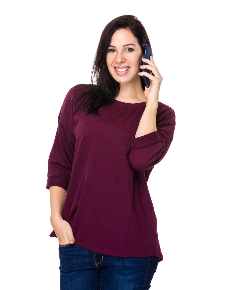A woman smiles brightly while chatting on her cell phone, wearing an Old Navy EveryWear Long-Sleeve Slub-Knit T-Shirt.