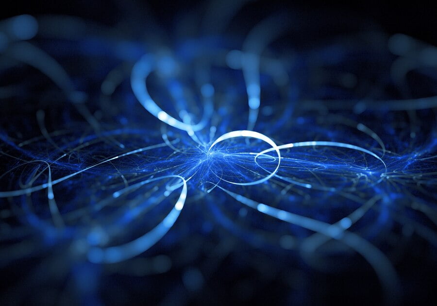 A digital abstract image featuring a chaotic network of glowing blue lines and tendrils against a dark background. The lines converge and weave through the center, creating a complex, web-like structure with a luminous, ethereal quality, reminiscent of the mysteries surrounding Quantum Tunneling Composite.