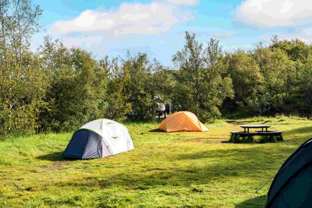 Tyn Cornel Campsite in Snowdonia National Park, showcasing a cluster of tents surrounded by picnic tables in a grassy field.