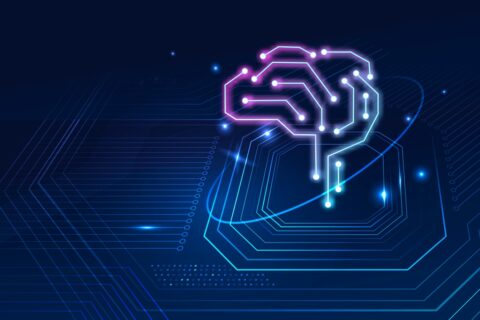 A brain depicted against a blue backdrop, featuring a circuit board design, representing the concept of artificial intelligence.
